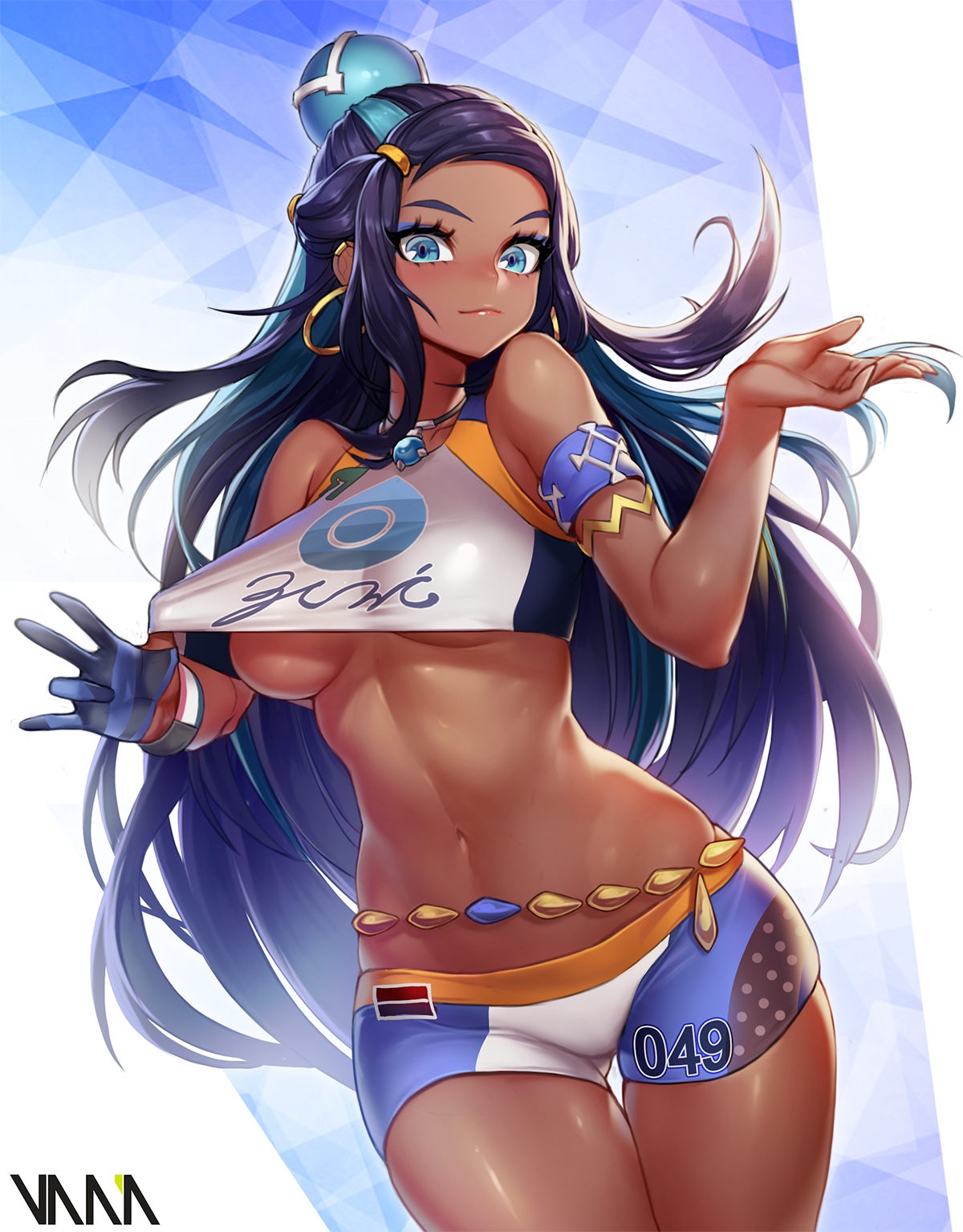1girl aqua_eyes aqua_hair armlet artist_name bike_shorts bikini black_gloves breasts closed_mouth dark-skinned_female dark_skin earrings female_focus game_freak gloves gym_leader hair_bun highres hoop_earrings jewelry long_hair looking_at_viewer medium_breasts midriff multicolored_hair navel nessa_(pokemon) nintendo partially_fingerless_gloves pokemon pokemon_swsh purple_hair single_hair_bun smile solo sportswear swimsuit tankini thigh_gap two-tone_hair underboob vana