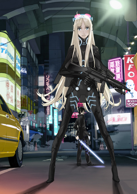 1girl ahoge blonde_hair blue_eyes bodysuit car city energy_sword female_focus goggles gun karasuma_kyouko_no_jikenbo kf kfc kozaki_yuusuke lightsaber long_hair long_legs motor_vehicle night skin_tight smoke solo star_wars sword urban very_long_hair weapon