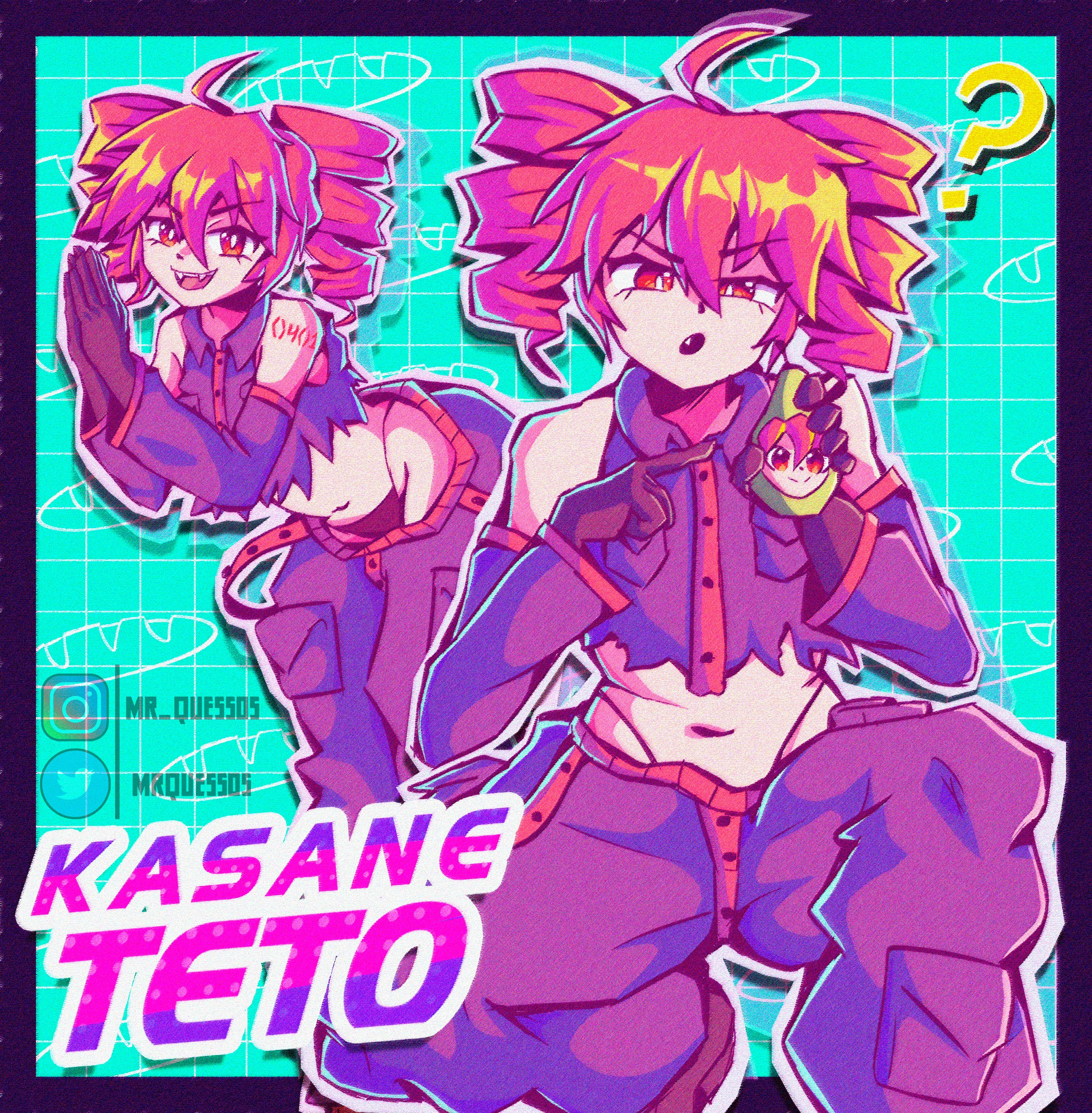 absurdres ahoge alternate_costume aqua_background bikini black_border black_hair black_pants black_skirt border breast_pocket buttons character_name cropped_shirt detached_sleeves drill_hair flat_chest food fruit hair_between_eyes highres holding holding_food holding_fruit instagram_username kasane_teto kasane_teto_(utau) leaning_forward midriff_peek mrquessos multiple_views navel open_mouth own_hands_clasped own_hands_together pants pear pearto pocket red_eyes red_hair shirt side-tie_bikini_bottom skirt sleeveless sleeveless_shirt standing swimsuit tankini torn_clothes torn_shirt twin_drills twitter_username utau