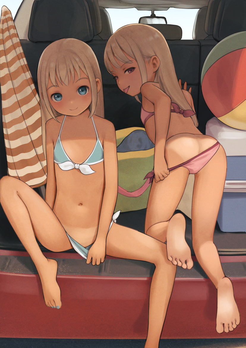 2girls ass barefoot bikini car_interior clothes_pull from_behind kuroshiro00 legs lisa_(kuroshiro00) loli looking_at_viewer looking_back luna_(kuroshiro00) multiple_girls original siblings sisters soles spread_legs swimsuit tan tanline thighs toes twins