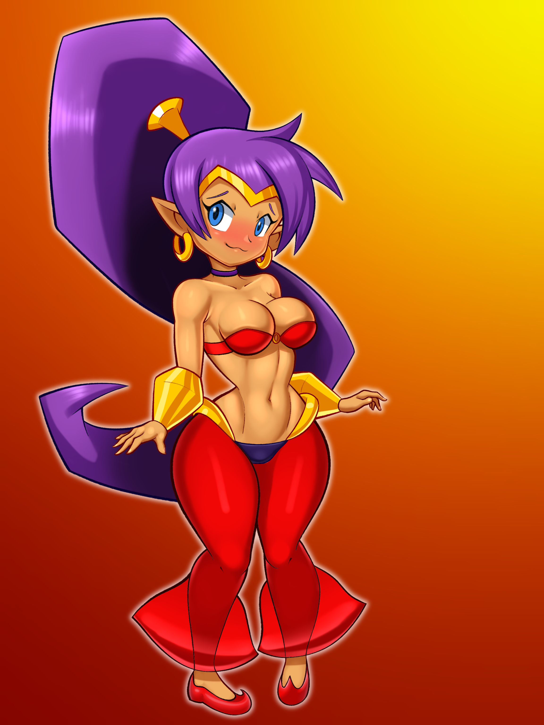 1girl absurdres arabian_clothes arm_behind_back bare_arms bare_shoulders blue_eyes blush bracer breasts choker cleavage collarbone dark-skinned_female dark_skin earrings female_focus grin harem_outfit harem_pants highres hoop_earrings jewelry large_breasts long_hair looking_at_viewer midriff navel neck pants pointy_ears ponytail purple_hair purple_neckwear red_background red_pants red_tube_top revealing_clothes shantae shantae_(series) simple_background sleepiitreat smile solo standing strapless tiara tube_top