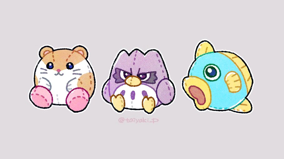 coo_(kirby) doradorakingyo grey_background kine_(kirby) kirby&#039;s_dream_land_2 kirby_(series) nintendo no_humans objectification outline rick_(kirby) simple_background stuffed_animal stuffed_fish stuffed_hamster stuffed_owl stuffed_toy twitter_username white_outline