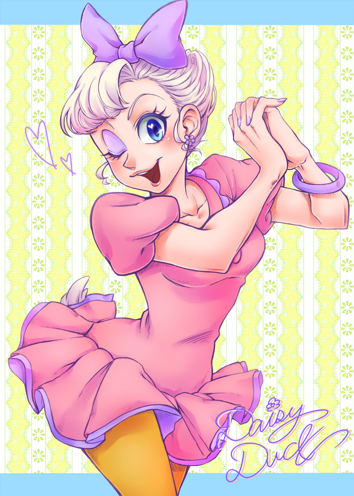 1girl animification blue_eyes bow daisy_duck disney dress hair_bow heart jewelry long_eyelashes ma_san_yp mickey_mouse_&amp;_friends nail_polish one_eye_closed open_mouth pantyhose pink_dress purple_bow short_hair short_sleeves smile solo white_hair