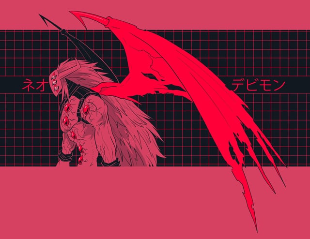 1boy digimon digimon_(creature) looking_at_viewer male_focus mask neodevimon red_eyes solo