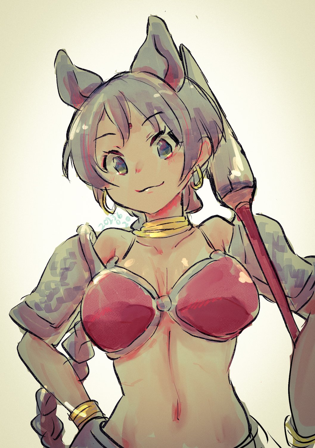 1girl animal_ears armor arms_at_sides bikini_armor bracelet braid braided_ponytail breasts closed_mouth dated earrings extra_ears facial_mark forehead_mark grey_hair highres holding holding_polearm holding_weapon hoop_earrings indian_rhinoceros_(kemono_friends) jewelry kemono_friends large_breasts long_braid long_hair looking_at_viewer navel neck_ring polearm pom384347 rhinoceros_ears shoulder_armor single_braid sketch smile solo stomach very_long_hair weapon