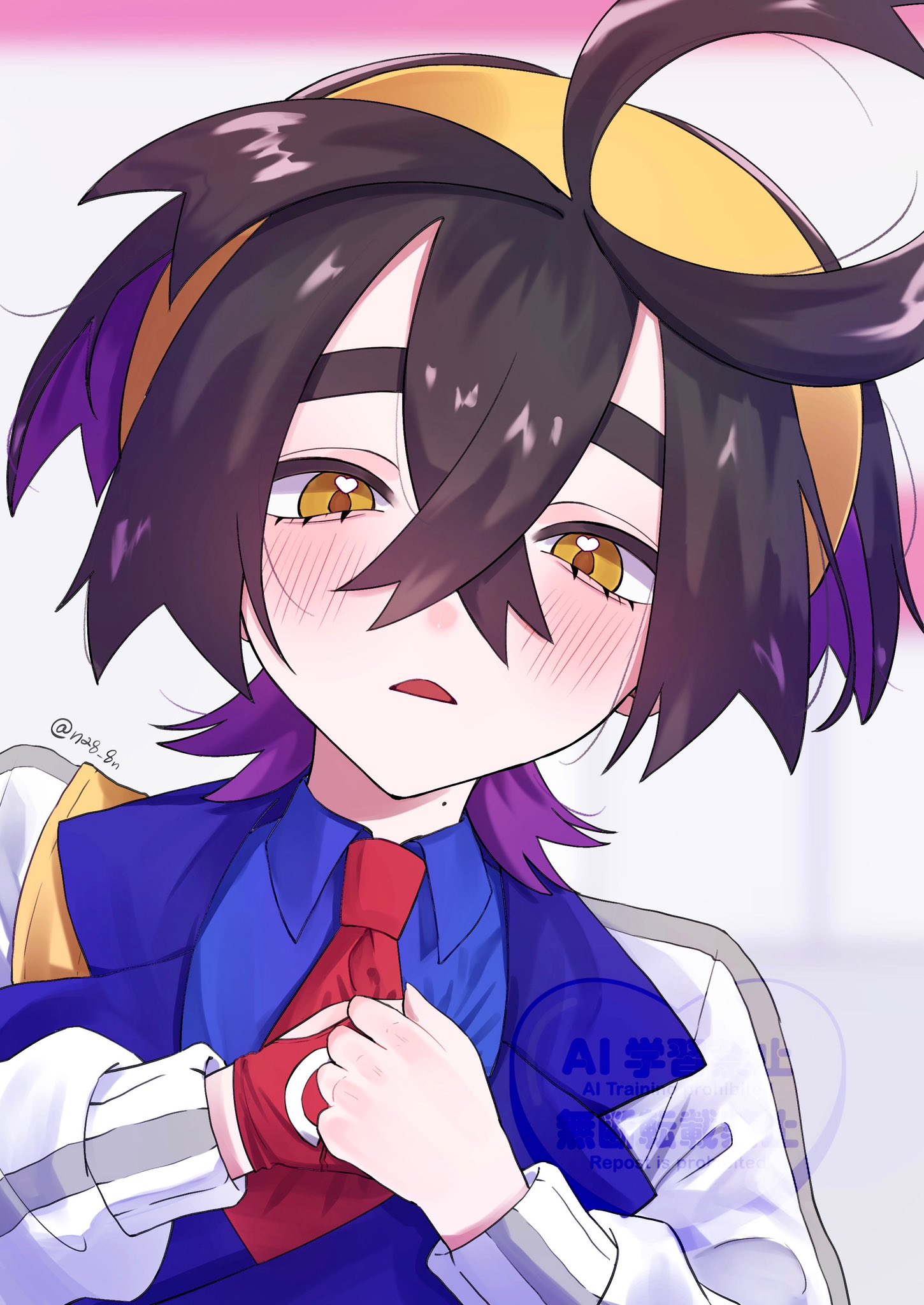1boy black_hair blue_shirt blush collared_shirt colored_inner_hair commentary crossed_bangs gloves hair_between_eyes hairband highres jacket kieran_(pokemon) male_focus mole mole_on_neck multicolored_hair na8_8n necktie nintendo open_mouth partially_fingerless_gloves pokemon pokemon_sv red_gloves red_necktie shirt single_glove solo twitter_username upper_body white_jacket yellow_eyes yellow_hairband