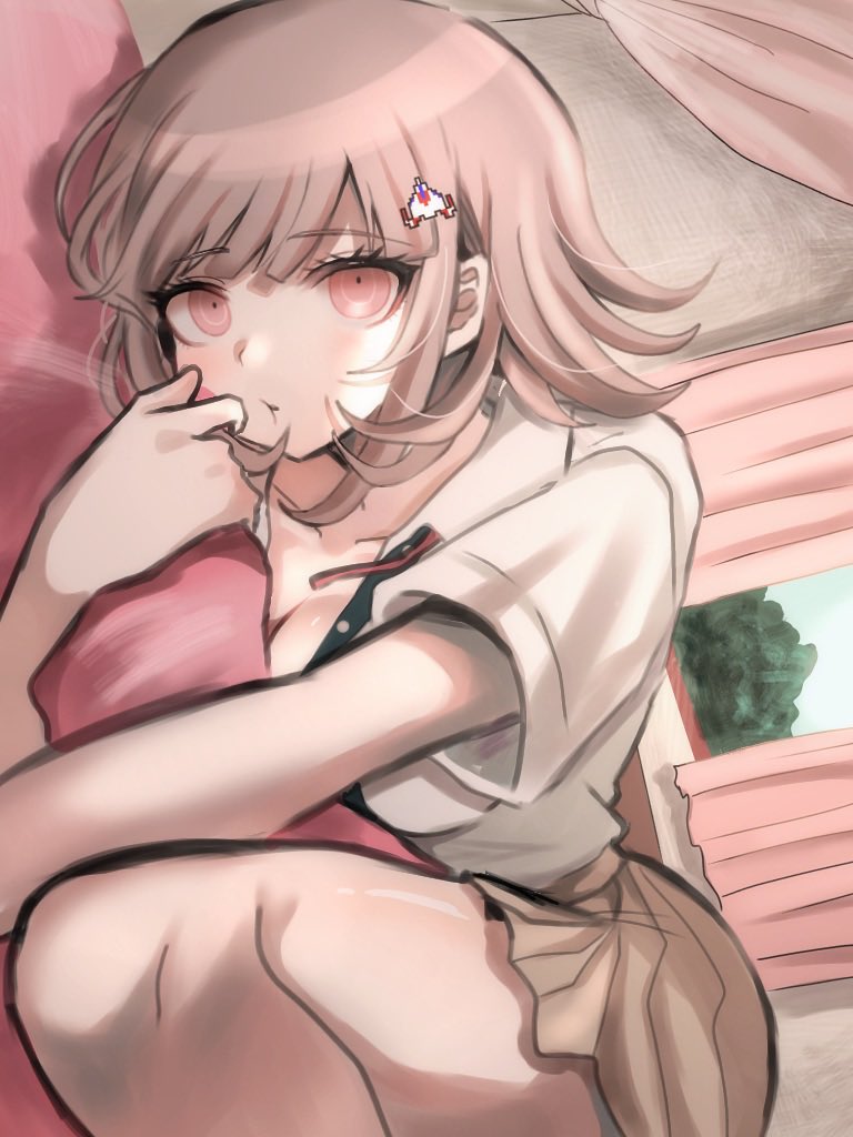 1girl :o black_shirt breasts brown_hair brown_skirt commentary danganronpa_(series) danganronpa_2:_goodbye_despair dress_shirt flipped_hair hair_ornament hugging_object ikemen&#039;na_ore-shi looking_at_viewer lying medium_hair miniskirt nanami_chiaki neck_ribbon no_jacket on_side pillow pillow_hug pink_eyes pleated_skirt revision ribbon shirt skirt solo symbol-only_commentary teeth upper_teeth_only white_shirt