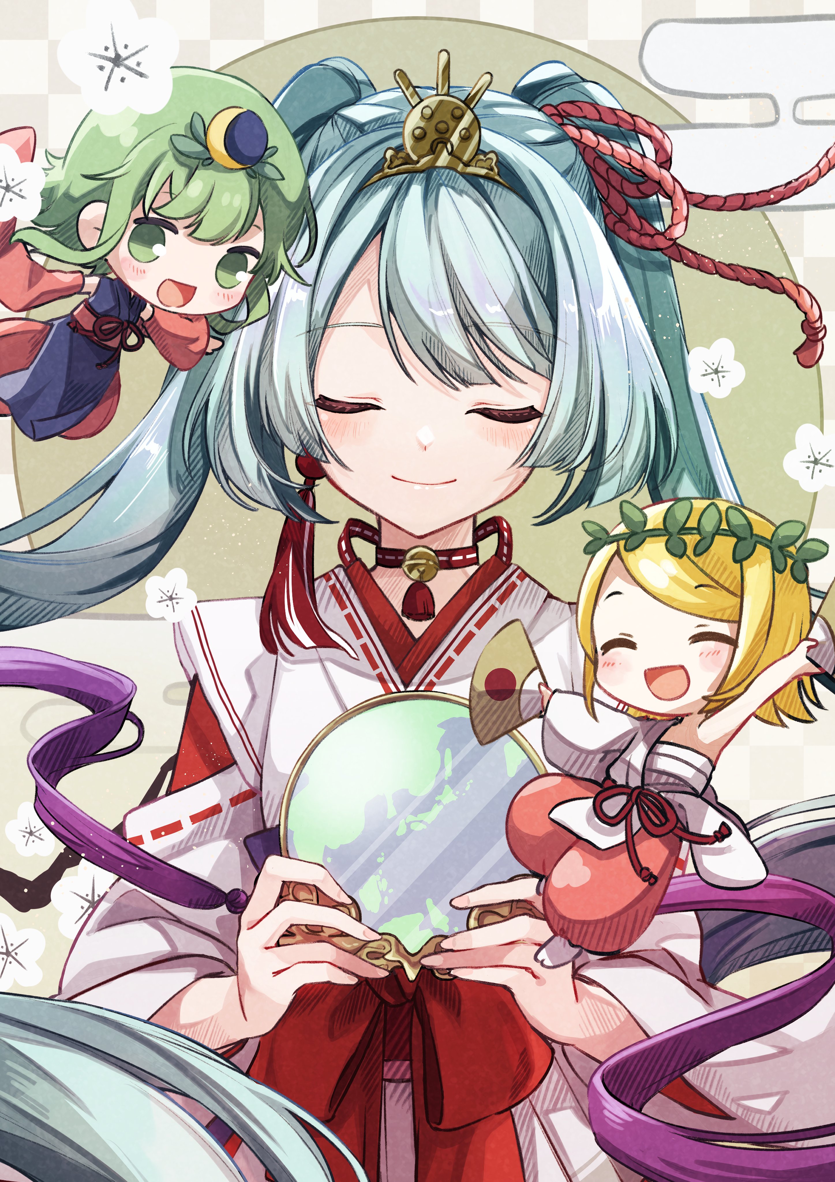 3girls absurdres blonde_hair blue_hair closed_eyes earrings green_eyes green_hair gumi hand_fan hatsune_miku head_wreath highres holding holding_fan japanese_clothes jewelry kagamine_rin kami_no_manimani_(vocaloid) long_hair multiple_girls nagitofuu short_hair single_earring smile swept_bangs tassel tassel_earrings twintails very_long_hair vocaloid
