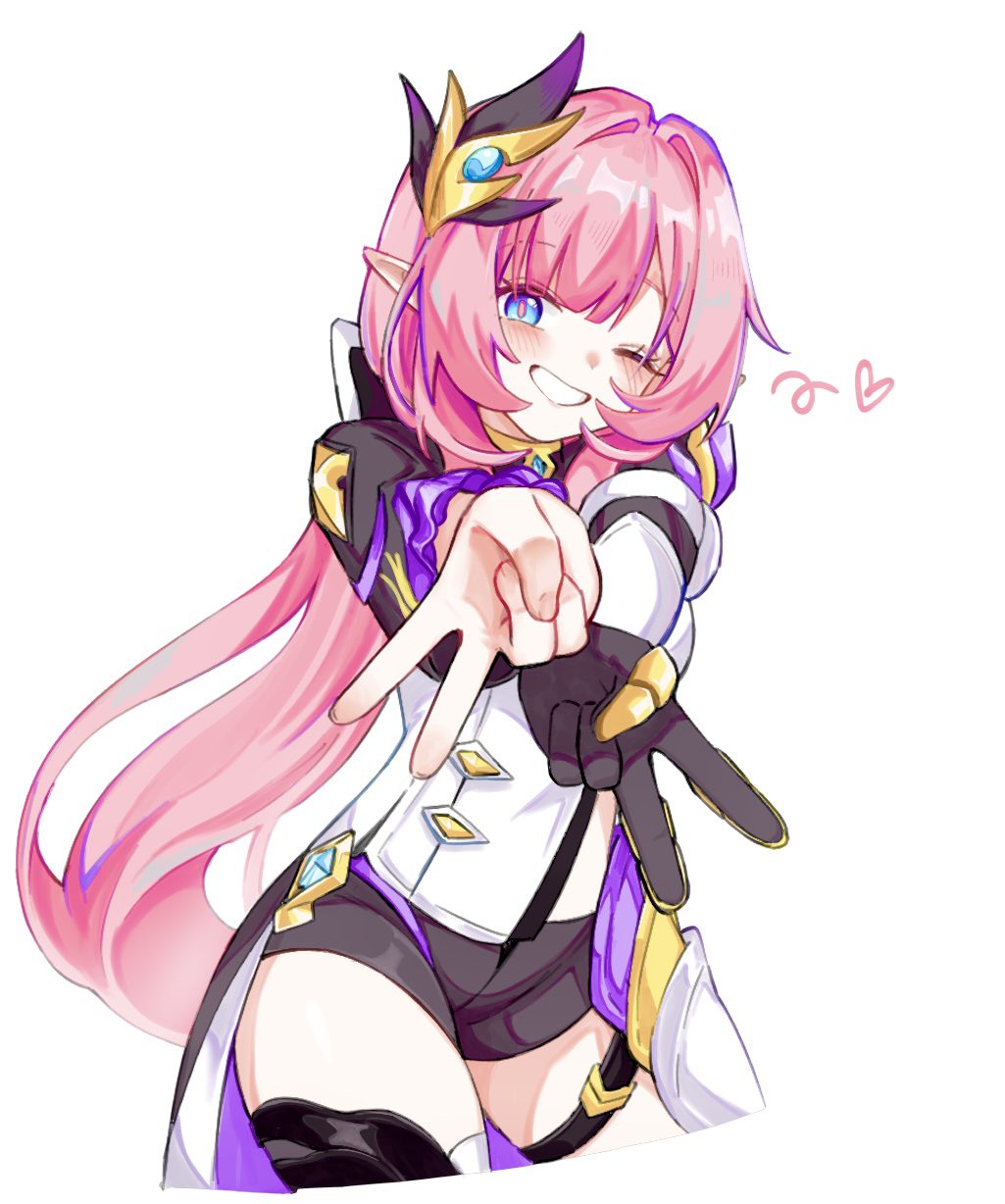 1girl black_footwear black_gloves blue_eyes commentary corset cowboy_shot double_inward_v elf elysia_(honkai_impact) elysia_(miss_pink_elf)_(honkai_impact) gloves hair_ornament heart highres honkai_(series) honkai_impact_3rd long_hair looking_at_viewer mi_(27782900) one_eye_closed open_mouth pink_hair pointy_ears simple_background single_glove smile solo teeth thighs white_background white_corset