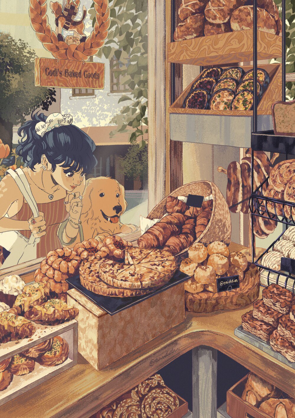 1girl bag black_hair bracelet bread croissant dog eniddin food food_request hands_up highres jewelry leaf long_hair necklace original plant ponytail quiche ring shadow shoulder_bag slice_of_life solo tree white_bag window