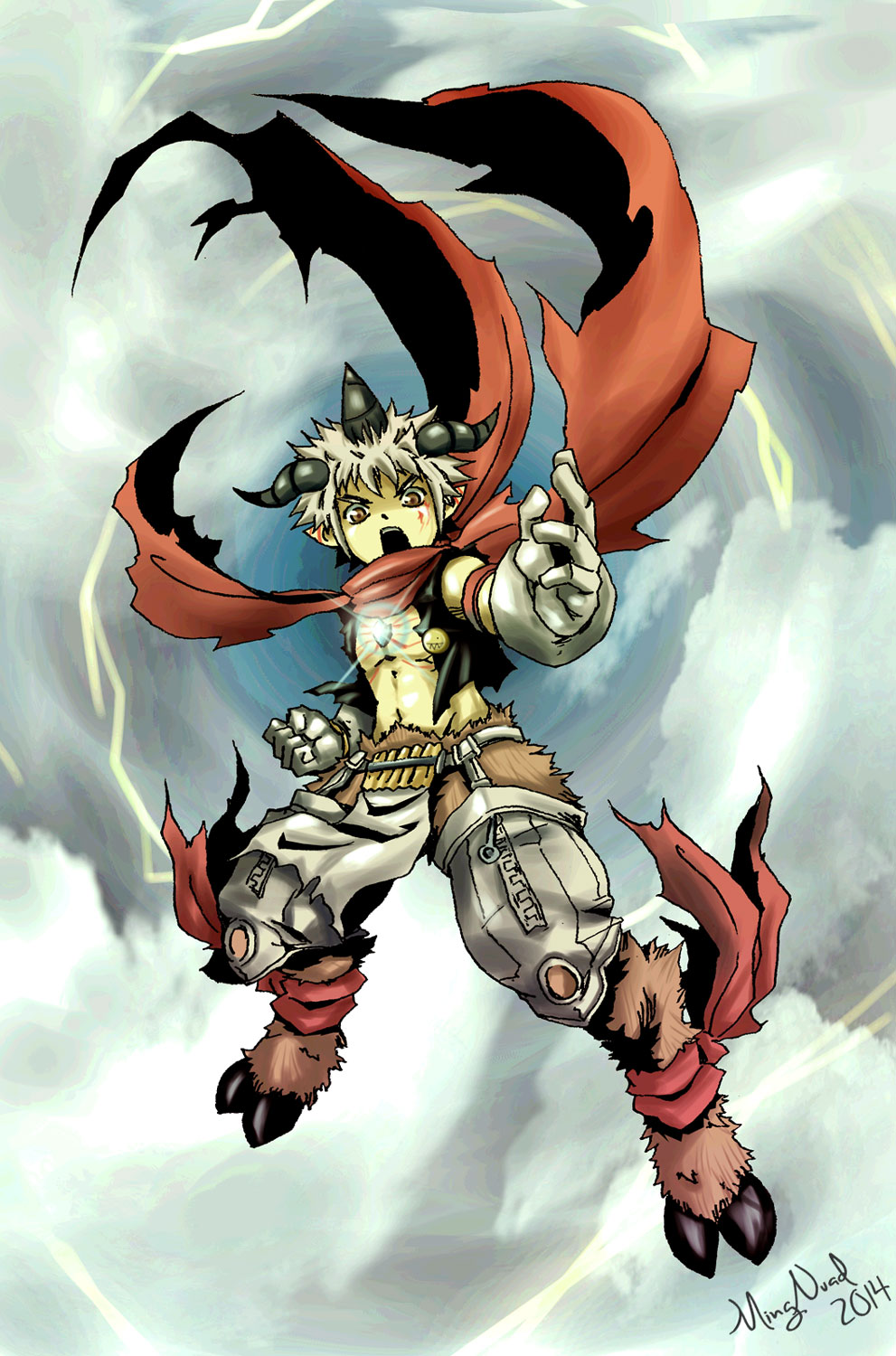 1boy aegiomon cloud digimon digimon_(creature) highres horns male_focus open_mouth scarf solo
