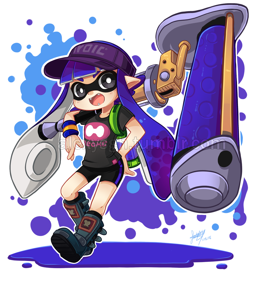 1girl black_shirt blue_footwear blush commentary commission dynamo_roller_(splatoon) english_commentary fang full_body grey_eyes huge_weapon ink ink_tank_(splatoon) inkling nintendo paint_roller purple_hair sandragh shirt signature simple_background single_vertical_stripe solo spiked_boots splatoon_(series) splatoon_1 squid striped_wristband tentacle_hair transparent_background two-tone_wristband visor_cap watermark weapon wristband