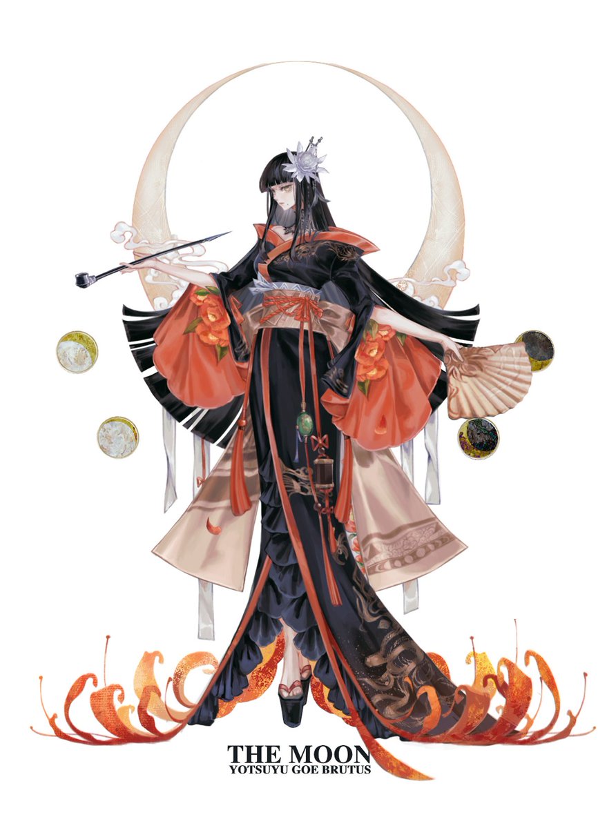1girl black_collar black_hair black_kimono black_sandals blunt_bangs blunt_ends character_name clytie_(ata_yuri) collar commentary crescent_moon english_commentary expressionless final_fantasy final_fantasy_xiv flower folding_fan full_body grey_eyes hair_flower hair_ornament hand_fan highres holding holding_fan holding_smoking_pipe hyur inrou japanese_clothes kimono kiseru lace_collar long_hair looking_at_viewer mole mole_under_mouth moon moon_phases obi obiage obijime okobo platform_clogs platform_sandals red_flower red_trim sandals sash sidelocks simple_background smoke smoking_pipe solo standing straight_hair tassel white_background yotsuyu_goe_brutus