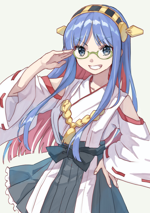 1girl bespectacled blue_eyes blue_hair breasts cosplay detached_sleeves frilled_skirt frills glasses green-framed_eyewear grey_background grin hand_on_own_hip headgear japanese_clothes kantai_collection kirishima_(kancolle) kirishima_(kancolle)_(cosplay) long_hair mitsuyo_(mituyo324) multicolored_hair nontraditional_miko red_hair ribbon-trimmed_sleeves ribbon_trim simple_background skirt smile solo south_dakota_(kancolle) white_hair wide_sleeves