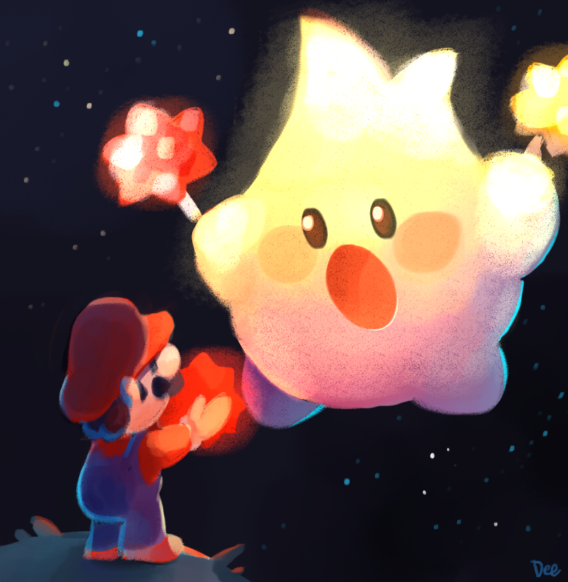 1boy artist_name big_nose black_eyes blue_eyes blue_overalls blush_stickers brown_hair newsboy_cap commentary english_commentary facial_hair from_behind full_body giving gloves grass hat holding hungry_luma_(super_mario_galaxy) klobstrosity long_sleeves looking_at_another mario mario_(series) mustache nintendo open_mouth overalls red_headwear red_shirt shirt shoes sky solid_oval_eyes space star_(sky) star_bit starry_sky super_mario_galaxy white_footwear white_gloves