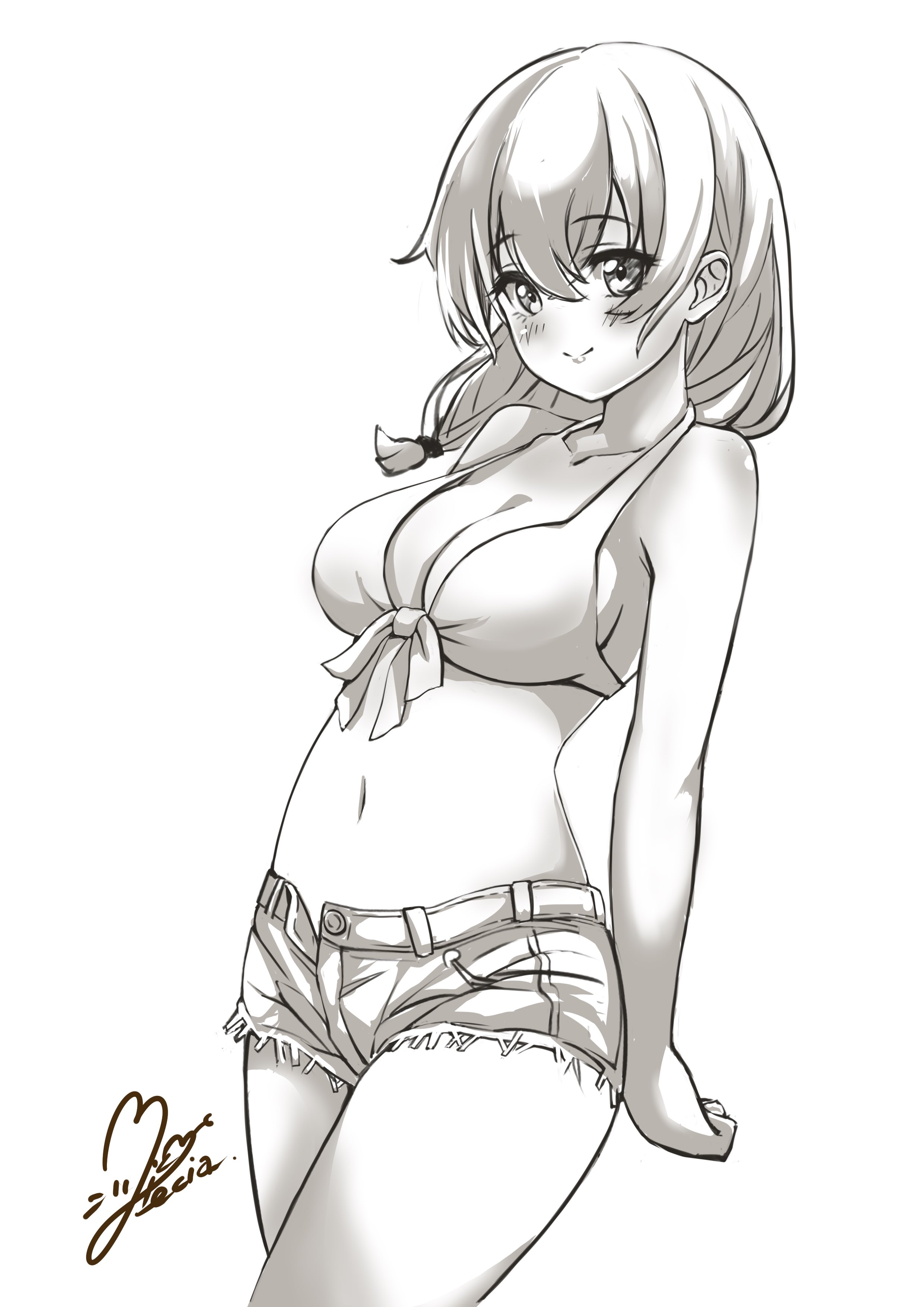 1girl absurdres bikini breasts cleavage denim denim_shorts front-tie_bikini_top front-tie_top higa_kana highres large_breasts looking_at_viewer miki_lutecia navel okinawa_de_suki_ni_natta_ko_ga_hougen_sugite_tsurasugiru open_fly shorts signature smile solo stomach swimsuit thighs