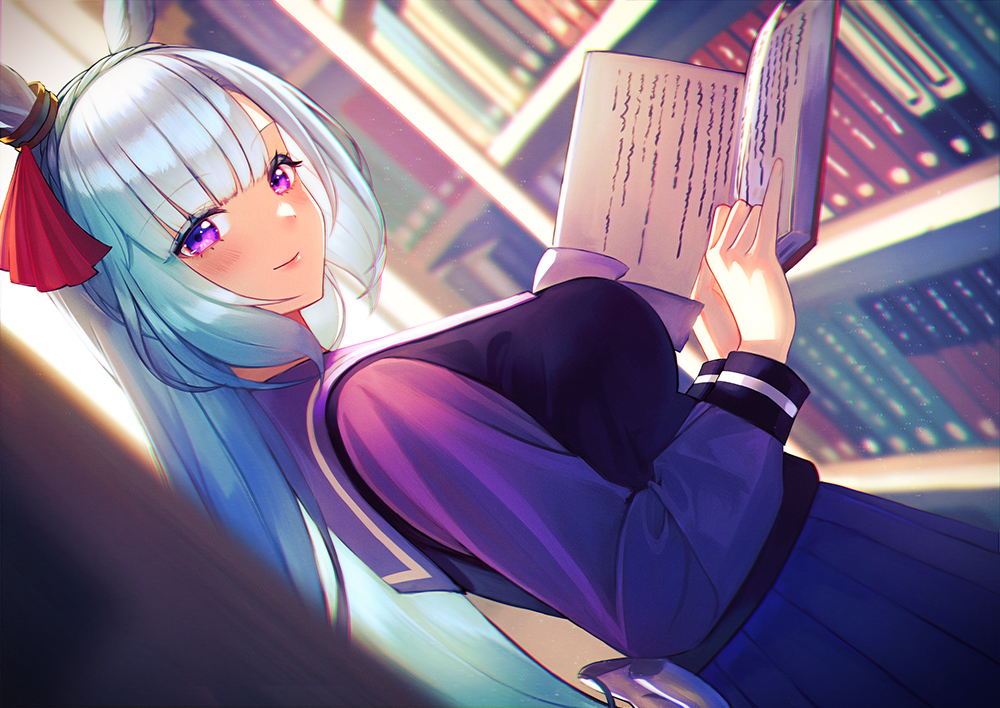 1girl animal_ears blue_hair blunt_bangs book closed_mouth hair_ribbon holding holding_book horse_ears horse_girl library long_hair looking_at_viewer mejiro_ardan_(umamusume) purple_eyes red_ribbon ribbon school_uniform smile solo tracen_school_uniform umamusume unowen