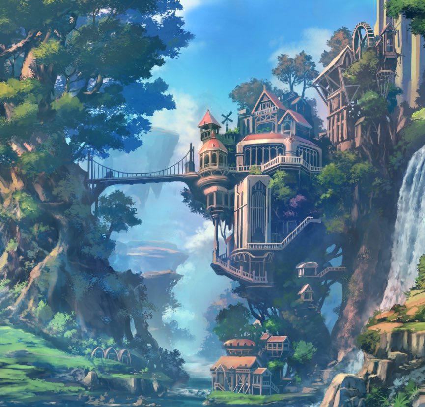 absurdly_detailed_composition blue_sky bridge building cloud cloudy_sky complex_exterior no_humans original river scenery sky soraizumi tree treehouse water water_wheel waterfall