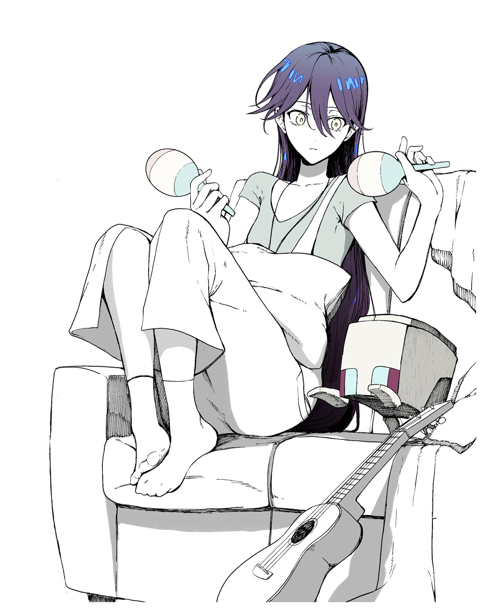 1girl acoustic_guitar couch full_body guitar gundam gundam_gquuuuuux highres holding holding_instrument holding_maracas instrument knees_up long_hair maracas non-humanoid_robot nyaan_(gundam_gquuuuuux) on_couch overalls partially_colored purple_hair robot shirt short_sleeves sitting socks solo syatey yellow_eyes