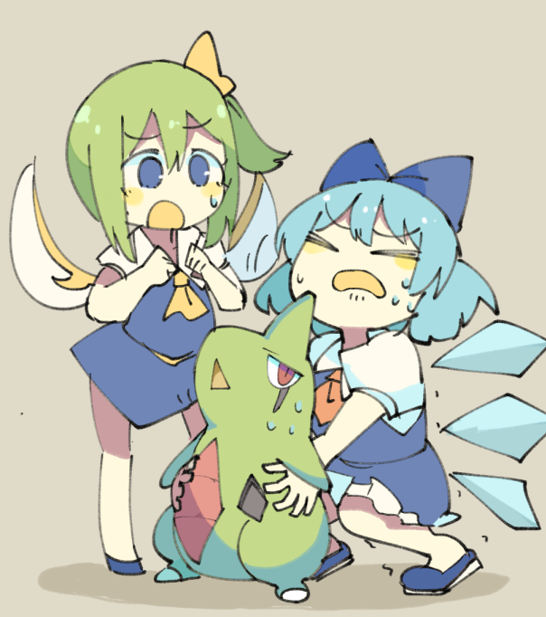2girls baron_(x5qgeh) blue_bow blue_dress blue_eyes blue_hair bow brown_background cirno clenched_hands closed_eyes daiyousei dress failure fairy_wings gen_2_pokemon green_hair hair_bow holding horns ice ice_wings larvitar looking_at_another multiple_girls nintendo open_mouth picking_up pokemon pokemon_(creature) puffy_sleeves red_eyes ribbon short_hair short_sleeves side_ponytail simple_background single_horn standing sweat touhou trembling wings
