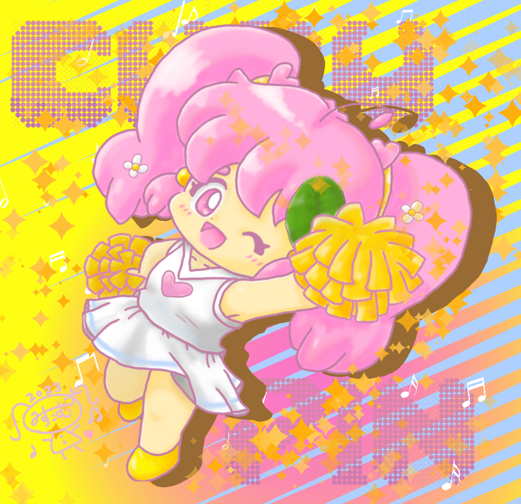 1girl 2023 20s ahoge arm_up blush cheerleader collarbone curucuru_pink_(misukomu_plus) flower hair_flower hair_ornament hand_on_own_hip heart heart_hair_ornament heart_print leaf_hair_ornament long_hair looking_at_viewer misukomu_plus musical_note one_eye_closed open_mouth original pink_eyes pink_hair pom_pom_(cheerleading) print_shirt shirt shoes skirt sleeveless sleeveless_shirt smile sparkle sparkle_background standing standing_on_one_leg striped_background twintails white_shirt white_skirt wink yellow_background yellow_shoes