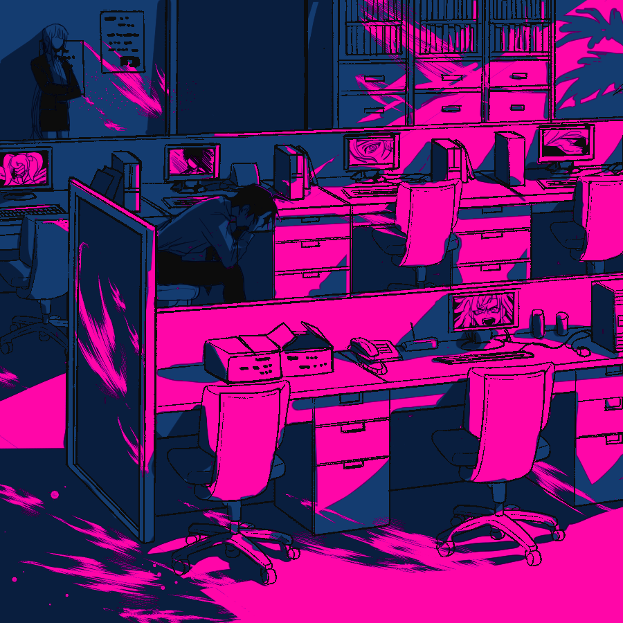 1boy 1girl ahoge angry blazer blood blunt_bangs bookshelf box cabinet chair collared_shirt commentary_request computer_mouse crossed_arms danganronpa_(series) danganronpa_2:_goodbye_despair death doorway dress_pants faceless faceless_female file_cabinet full_body furrowed_brow indoors jacket kirigiri_kyoko komaeda_nagito korean_commentary long_hair long_sleeves miniskirt monitor naegi_makoto office office_chair on_chair open_box open_clothes open_jacket pencil_skirt pink_blood plant poster_(object) potted_plant saionji_hiyoko shirt short_hair sibv3v sitting skirt spoilers spot_color swivel_chair togami_byakuya_(danganronpa_2) tsumiki_mikan