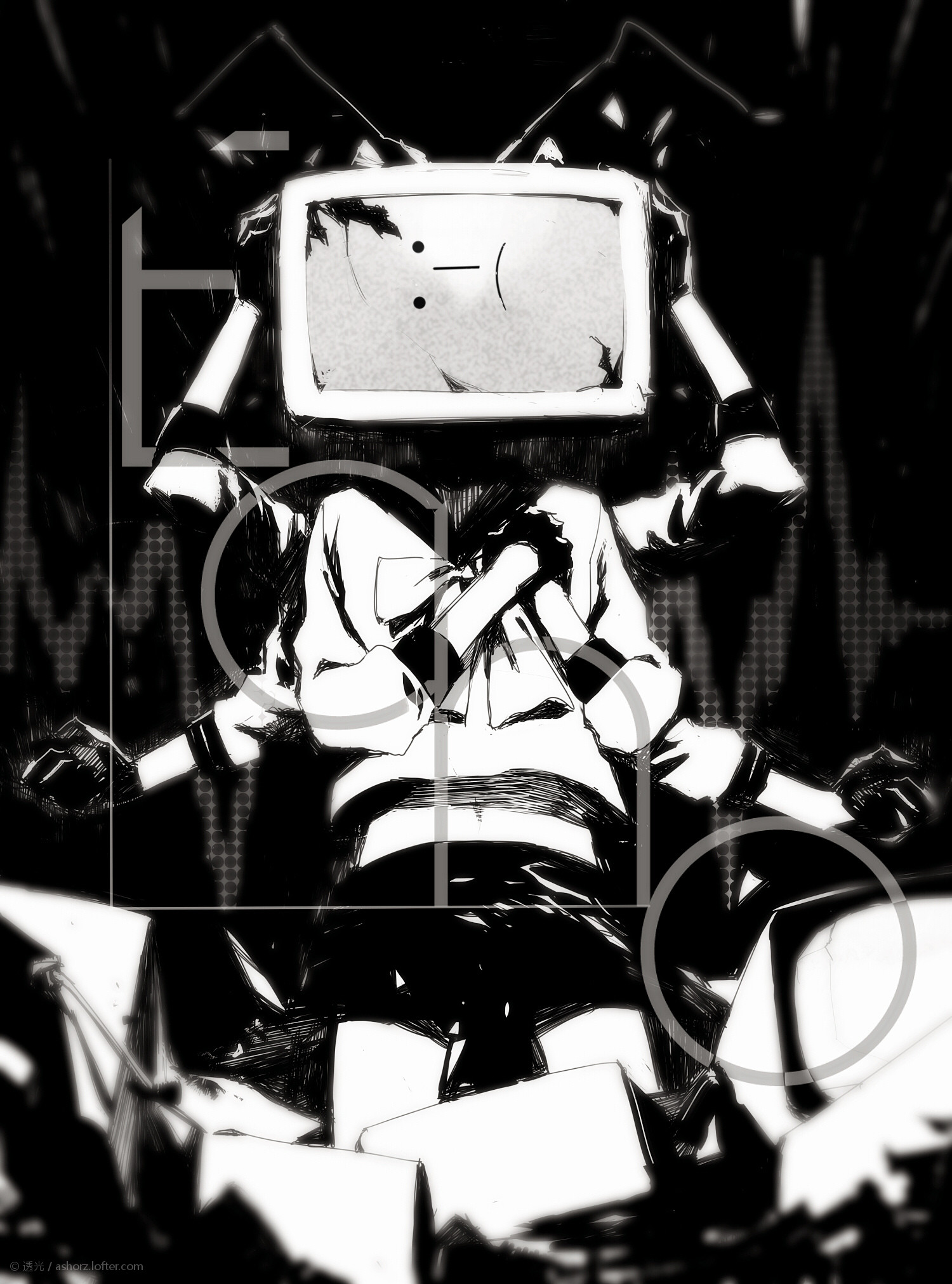 1girl ashorz bow copyright_name crack cracked_screen echo_(vocaloid) extra_arms frown gloves hands_on_own_chest hands_on_own_head highres object_head primadonna_(echo) radio_antenna sailor_collar school_uniform serafuku shirt_bow skirt three-quarter_sleeves solo straight-on television vocaloid wavelengths