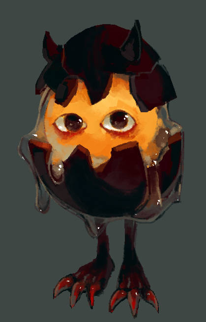 brown_eyes clawed_feet claws cracked_egg cracked_shell egg_yolk eggshell food-themed_creature full_body grey_background horns ixurcafe looking_at_viewer monster no_mouth original red_claws simple_background standing