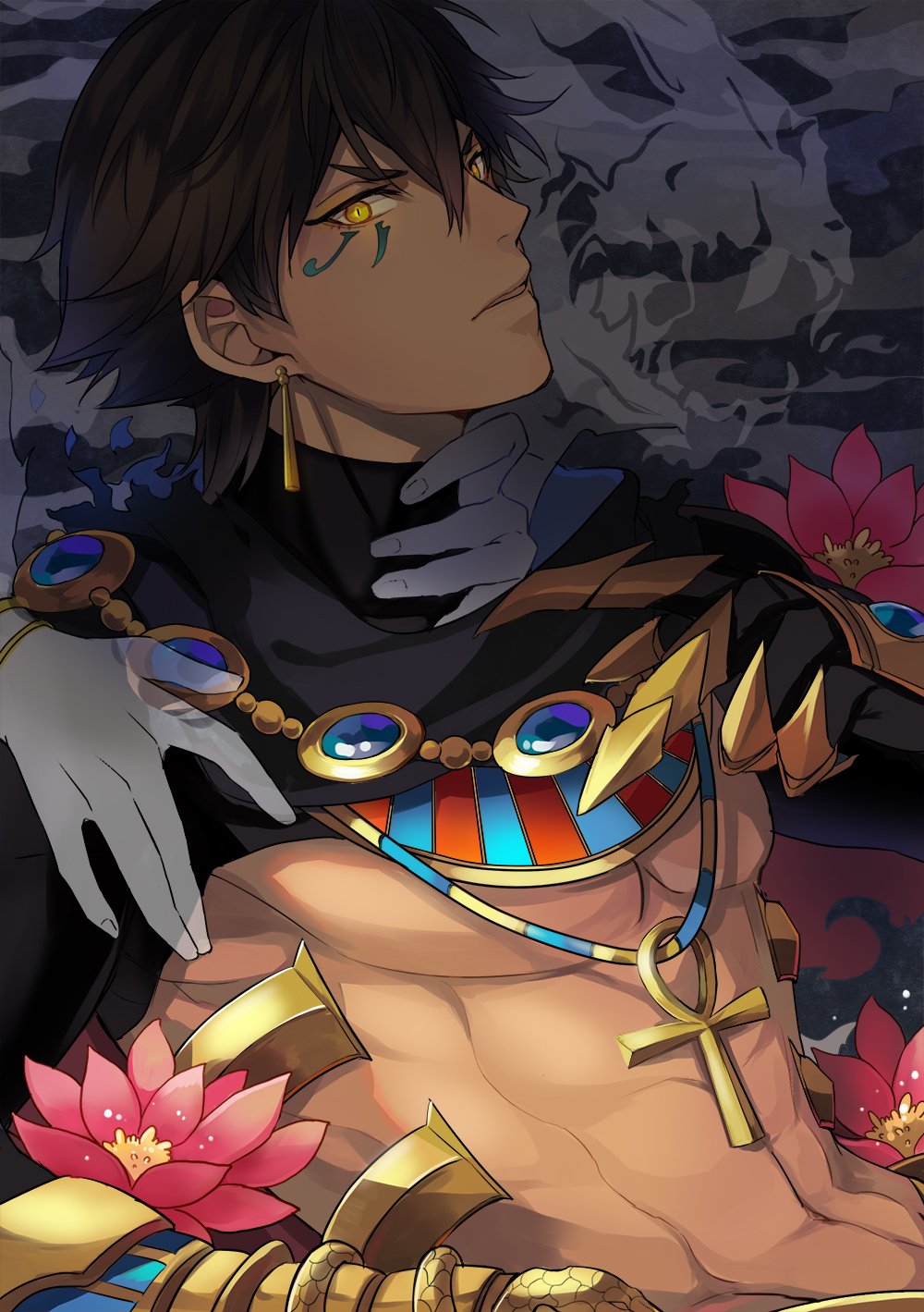 1boy abs ancient_egyptian ancient_egyptian_clothes black_hair dark-skinned_male dark_skin earrings fate/grand_order fate/prototype fate_(series) flower gloves hands_on_another&#039;s_neck head_tilt highres jewelry long_sleeves looking_at_viewer male_focus open_mouth ozymandias_(fate) pectorals saka_nagiya solo yellow_eyes
