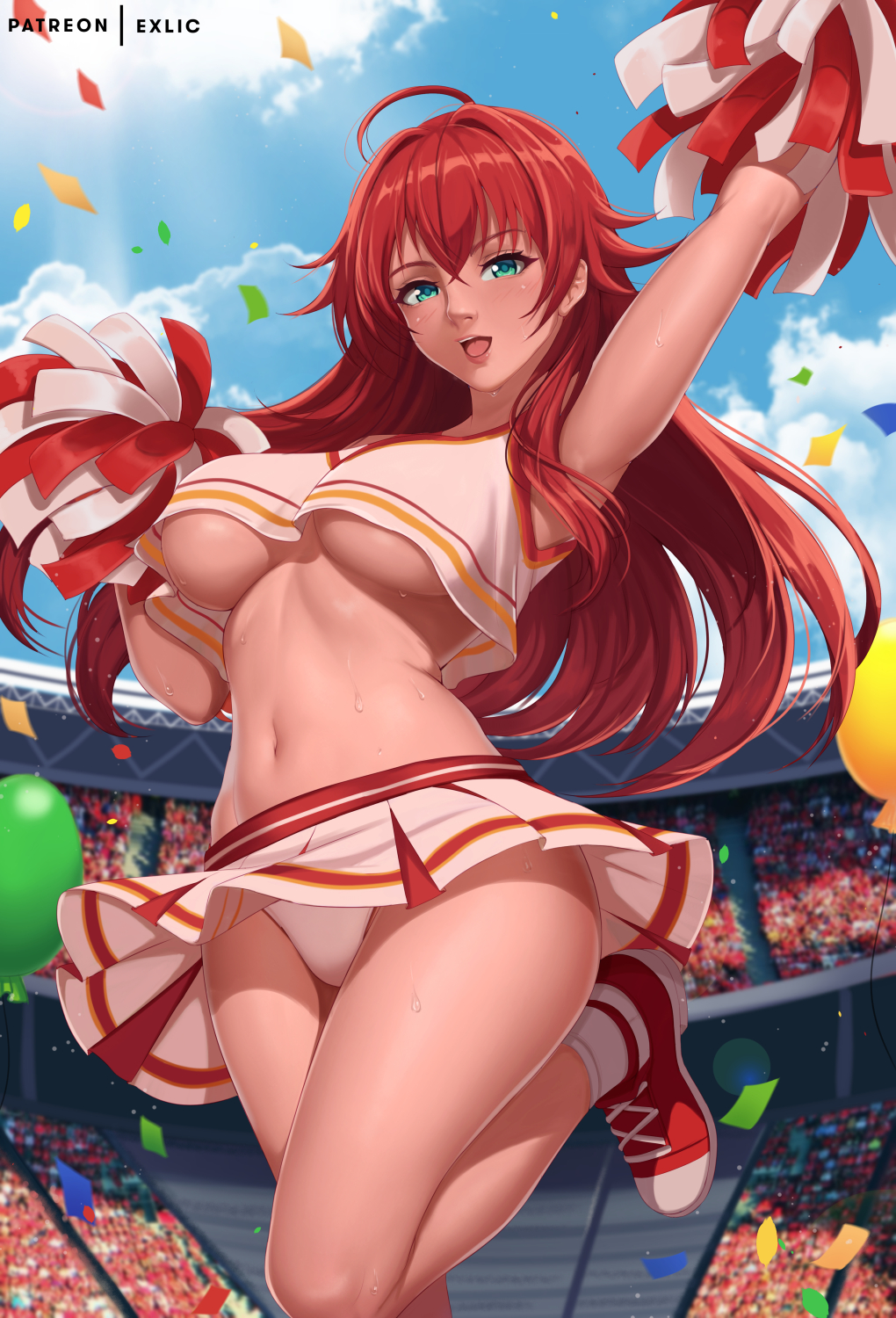 1girl :d ahoge artist_name balloon breasts cheerleader confetti crossed_bangs crown day exlic female_focus hair_between_eyes high_school_dxd highres large_breasts lips long_hair looking_at_viewer navel no_bra open_mouth outdoors panties pantyshot patreon_username pom_pom_(cheerleading) red_footwear red_hair rias_gremory shoes short_shorts shorts skirt sky smile sneakers solo_focus stadium standing standing_on_one_leg underboob underwear white_panties