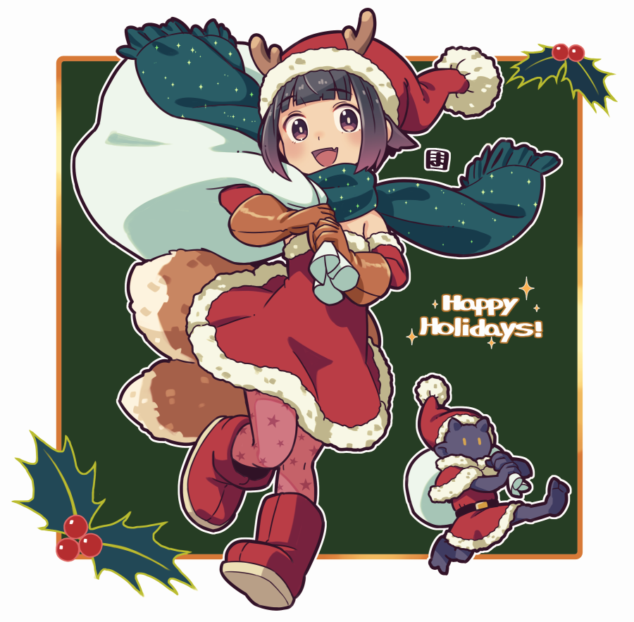 1girl :d animal_ears antlers black_hair blue_scarf boots brown_eyes brown_gloves capelet commentary_request detached_sleeves dress fake_antlers fang fox_ears fox_girl fox_tail fringe_trim fur-trimmed_capelet fur-trimmed_dress fur-trimmed_headwear fur-trimmed_sleeves fur_trim gloves green_background happy_holidays hat holding holding_sack horns kitsune kukuri_(mawaru) long_sleeves looking_at_viewer mawaru_(mawaru) open_mouth original red_boots red_capelet red_dress red_hat red_sleeves reindeer_antlers sack santa_costume santa_hat scarf shoe_soles smile solo sparkle strapless strapless_dress tail white_background