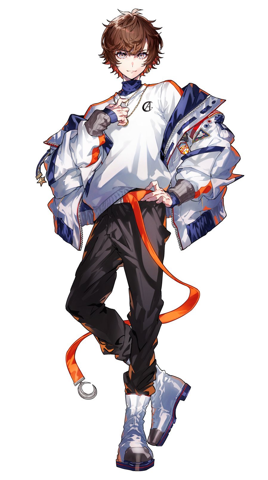 1boy amatsuki_(utaite) black_pants brown_eyes brown_hair closed_mouth full_body hand_on_own_hip highres indie_utaite jacket jewelry looking_at_viewer male_focus mika_pikazo necklace niconico off_shoulder open_clothes open_jacket pants shoes short_hair simple_background smile solo sweater utaite white_background white_shoes white_sweater