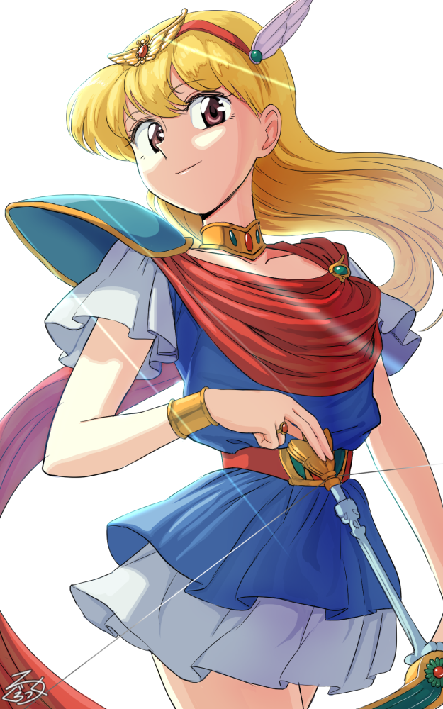 1girl akazukin_chacha arrow_(projectile) belt blonde_hair bow brown_eyes choker closed_mouth dress hair_ornament holding jewelry long_hair looking_at_viewer magical_girl magical_princess rog_rockbe simple_background skirt smile solo weapon white_background