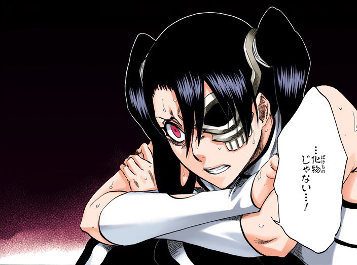 00s 1girl arrancar bare_shoulders black_hair bleach breasts clenched_teeth colorized disgust dress feet_out_of_frame fetal_position forehead hair_over_one_eye kubo_tite loly_aivirrne long_bangs long_hair looking_up one_eye_covered open_mouth pink_eyes shirt shonen_jump simple_background sitting sleeveless sleeveless_dress solo sweat sweatdrop teeth translation_request twintails upper_body v-shaped_eyebrows