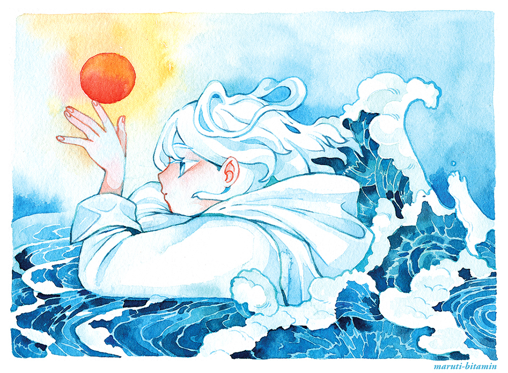 1boy androgynous artist_name blue_eyes blue_sky border colored_eyelashes day foaming_waves giant head_on_arm hood hood_down hoodie ink_(medium) male_focus maruti_bitamin medium_hair ocean original painting_(medium) partially_submerged profile red_sun shirt sky solo sunlight traditional_media water watercolor_(medium) waves white_border white_eyelashes white_hair white_hoodie white_shirt wrist_cuffs