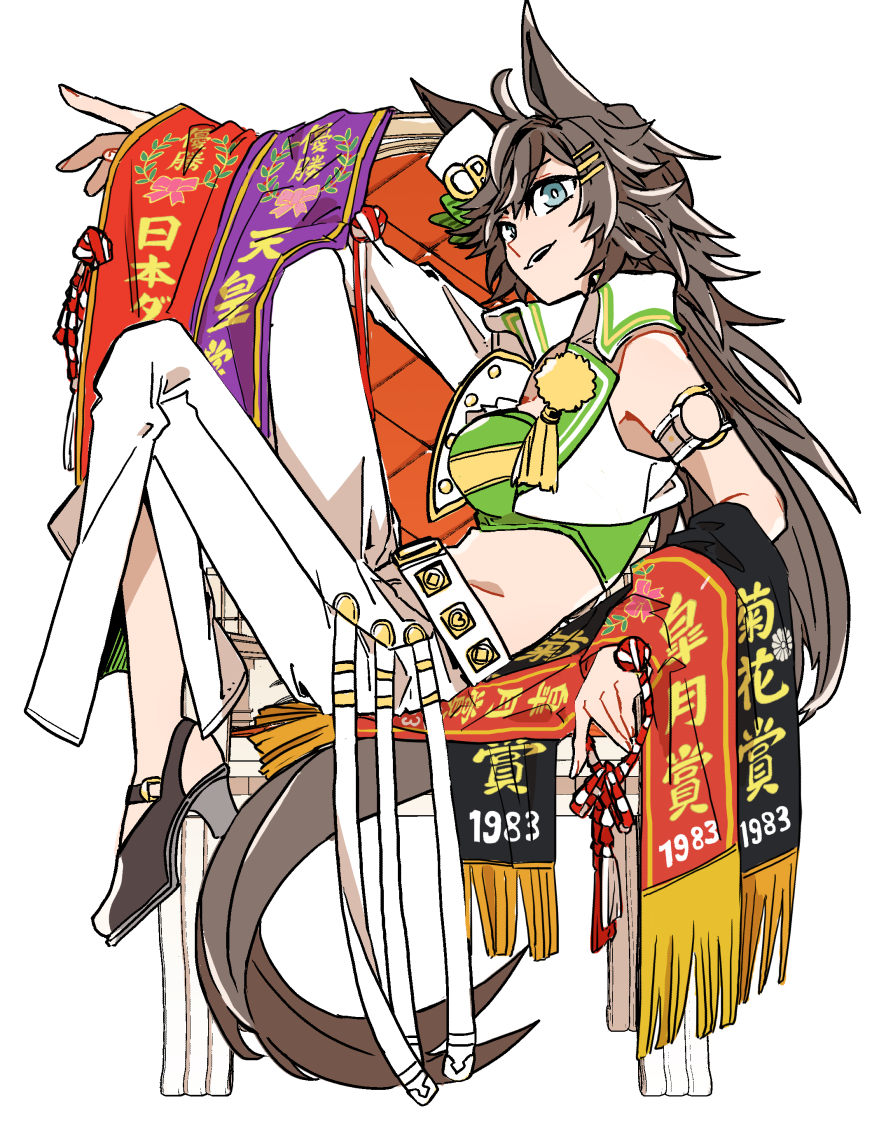 1983 1girl ahoge animal_ears arm_strap asuka_(junerabitts) asymmetrical_sleeves bell-bottoms blue_eyes bra brown_hair collared_jacket commentary_request green_bra hair_ornament hairclip hat high_heels horse_ears horse_girl horse_tail jacket long_hair midriff mini_hat mini_top_hat mr._c.b._(umamusume) pants simple_background single_sleeve solo strapless strapless_bra tail top_hat umamusume underwear white_background white_hat white_jacket white_pants