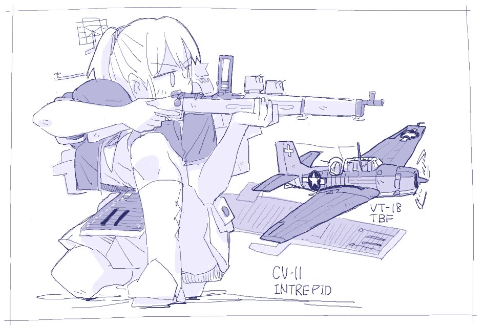 1girl aiming aircraft airplane bolt_action boots flight_deck gun intrepid_(kancolle) jura_cambri kantai_collection kneeling monochrome on_one_knee ponytail rifle ship_turret short_hair short_ponytail tbf_avenger weapon