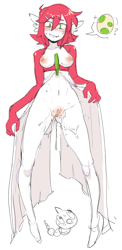 1girl ? alternate_color blush body_blush breasts breasts_out collarbone commentary_request dress egg gardevoir gen_1_pokemon gen_3_pokemon groin hair_between_eyes hair_ornament hairclip large_areolae midriff navel nintendo nipples personification pokemon pussy pussy_juice pussy_juice_drip pussy_juice_trail red_hair self_exposure senatorwong shiny_pokemon small_breasts solo speech_bubble spoken_question_mark sweat teeth weedle white_background white_dress