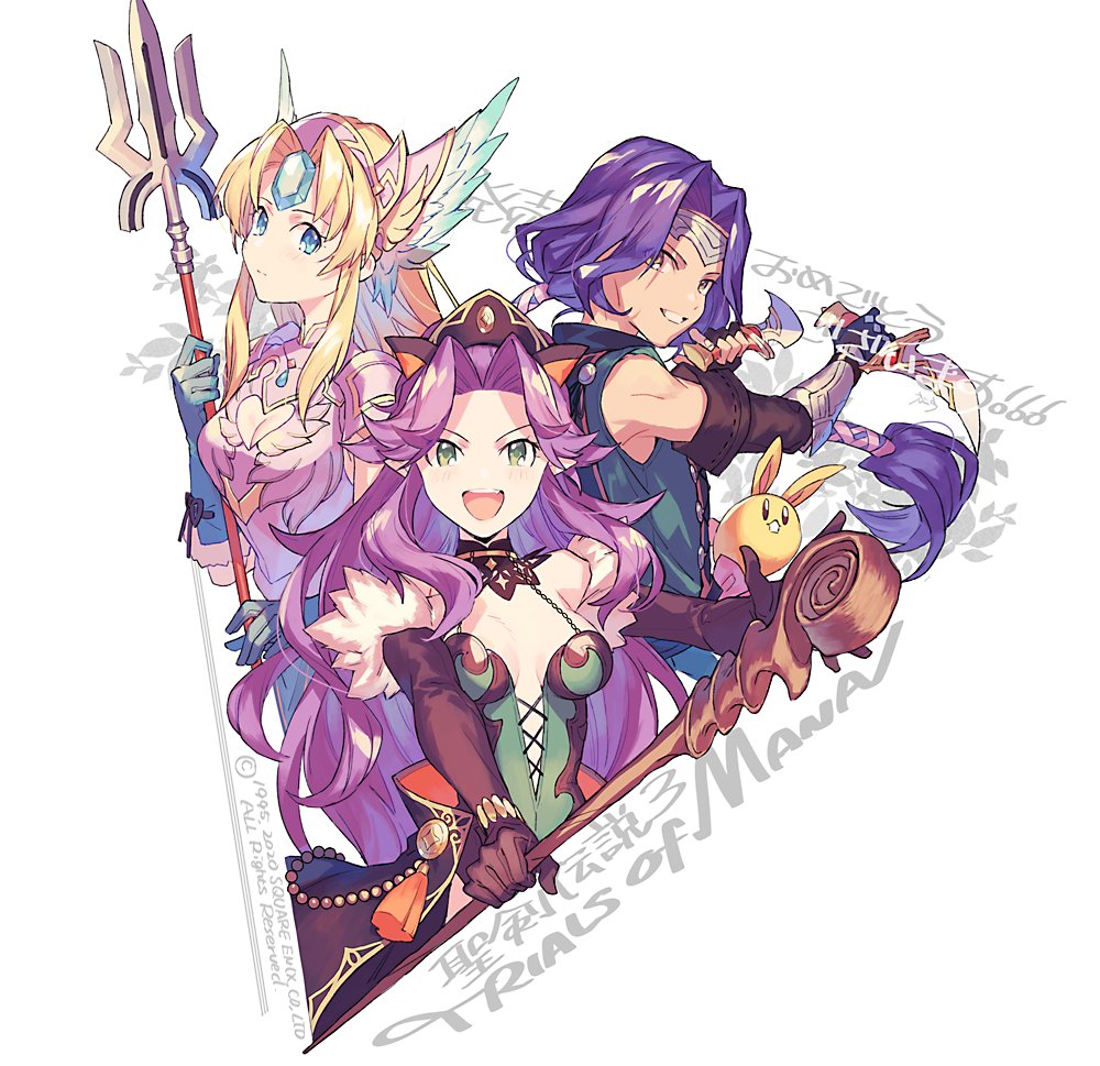 1boy 2girls angela_(seiken_densetsu_3) armor back-to-back black_gloves black_headwear black_leotard black_skirt blonde_hair blue_eyes blue_hair blue_shirt breastplate breasts cleavage_cutout closed_mouth clothing_cutout commentary_request company_name copyright_name dual_wielding ebira elbow_gloves forehead_jewel forehead_protector gloves green_eyes green_gloves green_headwear grin hair_intakes hawkeye_(seiken_densetsu_3) helmet holding holding_knife holding_polearm holding_spear holding_staff holding_weapon knife leotard light_smile long_hair looking_at_viewer medium_breasts multiple_girls open_mouth overskirt pauldrons pointy_ears polearm purple_hair rabite_(seiken_densetsu) riesz seiken_densetsu seiken_densetsu_3 shirt shoulder_armor skirt sleeveless sleeveless_shirt smile spear staff standing text_background tiara v-shaped_eyebrows very_long_hair weapon white_background winged_helmet