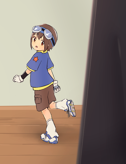 1girl cosplay digimon gloves goggles goggles_on_head mirror solo yagami_hikari yagami_taichi yagami_taichi_(cosplay)