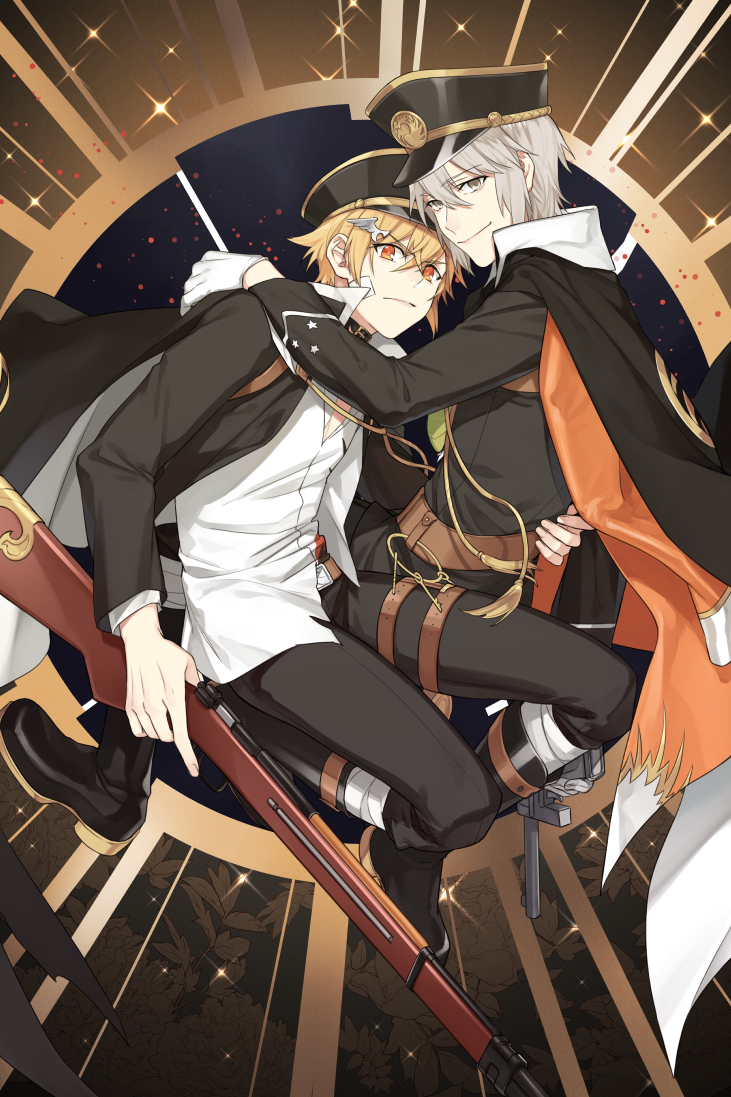 2boys belt belt_collar black_cape black_collar black_footwear black_headwear black_jacket black_pants blonde_hair boots brothers brown_belt byakuya0315 cape closed_mouth coat coat_on_shoulders collar collared_cape crossed_bangs dezhou_chicken_(the_tale_of_food) floral_background fuli_chicken_(the_tale_of_food) full_body gauze gloves grey_eyes grey_hair gun hair_between_eyes hair_ornament hairclip hand_on_another&#039;s_hip hand_on_another&#039;s_shoulder handgun hat holding holding_gun holding_weapon jacket key keyring long_sleeves looking_at_viewer male_focus multiple_boys open_clothes open_jacket orange_coat orange_eyes pants peaked_cap popped_collar rifle serious shirt shirt_partially_tucked_in short_hair siblings smile sparkle sunburst sunburst_background tassel the_tale_of_food thigh_strap v-shaped_eyebrows weapon white_gloves white_shirt wing_hair_ornament