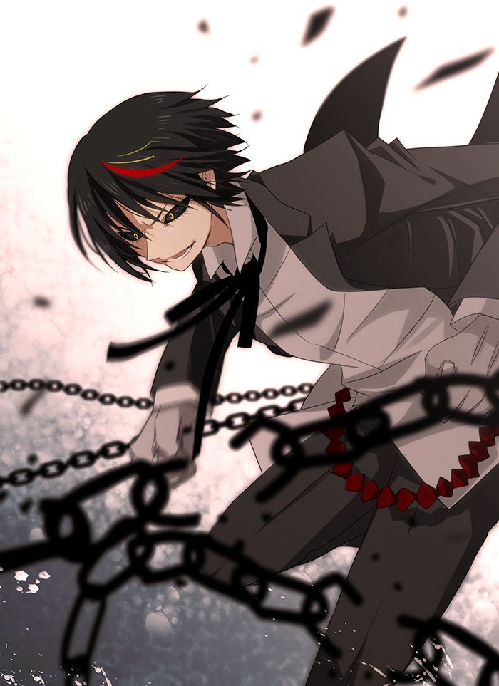 1boy 1other androgynous black_background black_coat black_hair black_jacket black_sclera blue_hair closed_mouth coat colored_sclera diablo_(tensura) frown gloves hair_between_eyes head_rest jacket long_hair long_sleeves rxdry short_hair smile straight_hair tensei_shitara_slime_datta_ken v-shaped_eyebrows white_gloves yellow_eyes