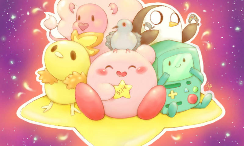 ^_^ adventure_time alternate_color animal animal_on_head beemo bird bird_on_head blush_stickers bmo brush chicken closed_eyes closed_mouth commentary crossover daycolors english_commentary galaxy game_freak gen_3_pokemon gunter_(adventure_time) happy holding holding_star kirby kirby_(series) lion lion_(steven_universe) multiple_crossover nintendo on_head open_mouth penguin pokemon pokemon_(creature) robot shiny_pokemon single_eye smile star_(sky) star_(symbol) steven_universe tail teemo torchic