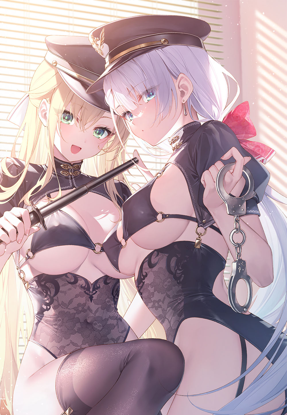 2girls black_garter_straps black_hat black_thighhighs blonde_hair blue_eyes bow breasts cleavage closed_mouth cuffs desk garter_straps green_eyes hair_between_eyes hair_bow handcuffs hat highres holding holding_handcuffs large_breasts long_hair looking_at_viewer looking_back multiple_girls official_art on_desk open_mouth peaked_cap police_hat red_bow regina_mercedes riselia_ray_crystalia seiken_gakuin_no_maken_tsukai shirt sitting smile thighhighs toosaka_asagi very_long_hair white_hair