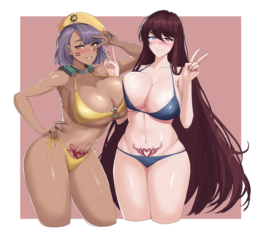 2girls asymmetrical_bangs beret bikini blue_eyes blush breasts dark-skinned_female dark_skin double_v facepaint grin hat heart heart-shaped_pupils hella_p huge_breasts last_origin multiple_girls navel pubic_tattoo purple_hair quick_camel red_eyes smile swimsuit symbol-shaped_pupils tattoo v v_over_eye valkyrie_(last_origin)