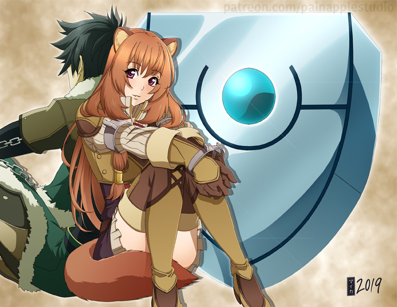 1boy 1girl abstract_background animal_ear_fluff animal_ears armor artist_name black_dress black_hair black_shirt boots breastplate brown_background brown_boots brown_gloves brown_hair brown_shorts chain commentary commission dated dress elbow_gloves english_commentary eyelashes fur-trimmed_armor fur-trimmed_collar fur_trim gloves green_pants hair_between_eyes high_collar iwatani_naofumi layered_dress leather_armor long_hair long_sleeves looking_at_viewer messy_hair metal_arm_cuffs metal_wrist_cuffs neck_ribbon paid_reward_available painapple pants parted_lips patreon_username pauldrons pink_hair pleated_dress raccoon_ears raccoon_girl raccoon_tail raphtalia red_dress red_ribbon ribbon shirt short_dress short_hair shorts shoulder_armor single_pauldron sitting smile solo_focus tail tassets tate_no_yuusha_no_nariagari thigh_boots two-tone_dress watermark web_address white_dress