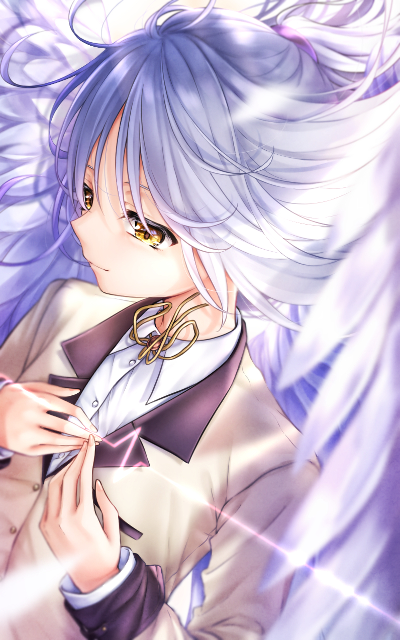 1girl angel angel_beats! angel_wings blurry closed_mouth commentary_request depth_of_field dress_shirt eyebrows_hidden_by_hair eyelashes feathered_wings fingernails floating_hair hair_between_eyes hand_on_own_chest heartbeat highres jacket long_hair long_sleeves looking_afar mini_dang01 neck_ribbon nose own_hands_together ponytail profile ribbon school_uniform shirt short_ponytail smile solo tenshi_(angel_beats!) white_hair white_shirt white_wings wings yellow_eyes yellow_jacket yellow_ribbon