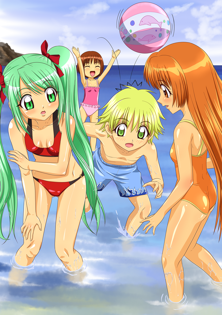 00s 1boy 3girls :d ^_^ amagi_mikaru ankoku_tiger ball beachball bikini blonde_hair blue_male_swimwear blue_swim_trunks bow brown_eyes brown_hair casual_one-piece_swimsuit closed_eyes competition_swimsuit facing_viewer flame_print frilled_one-piece_swimsuit frills from_side green_eyes green_hair hair_bow hair_ornament hippo_(mermaid_melody_pichi_pichi_pitch) long_hair looking_at_another male_swimwear mermaid_melody_pichi_pichi_pitch multiple_girls ocean official_style one-piece_swimsuit open_mouth orange_eyes orange_hair orange_one-piece_swimsuit outdoors pink_one-piece_swimsuit print_male_swimwear print_swim_trunks print_swimsuit red_bow red_one-piece_swimsuit seira_(mermaid_melody_pichi_pichi_pitch) short_hair smile swim_trunks swimsuit twintails very_long_hair wading water yuuri_(mermaid_melody_pichi_pichi_pitch)