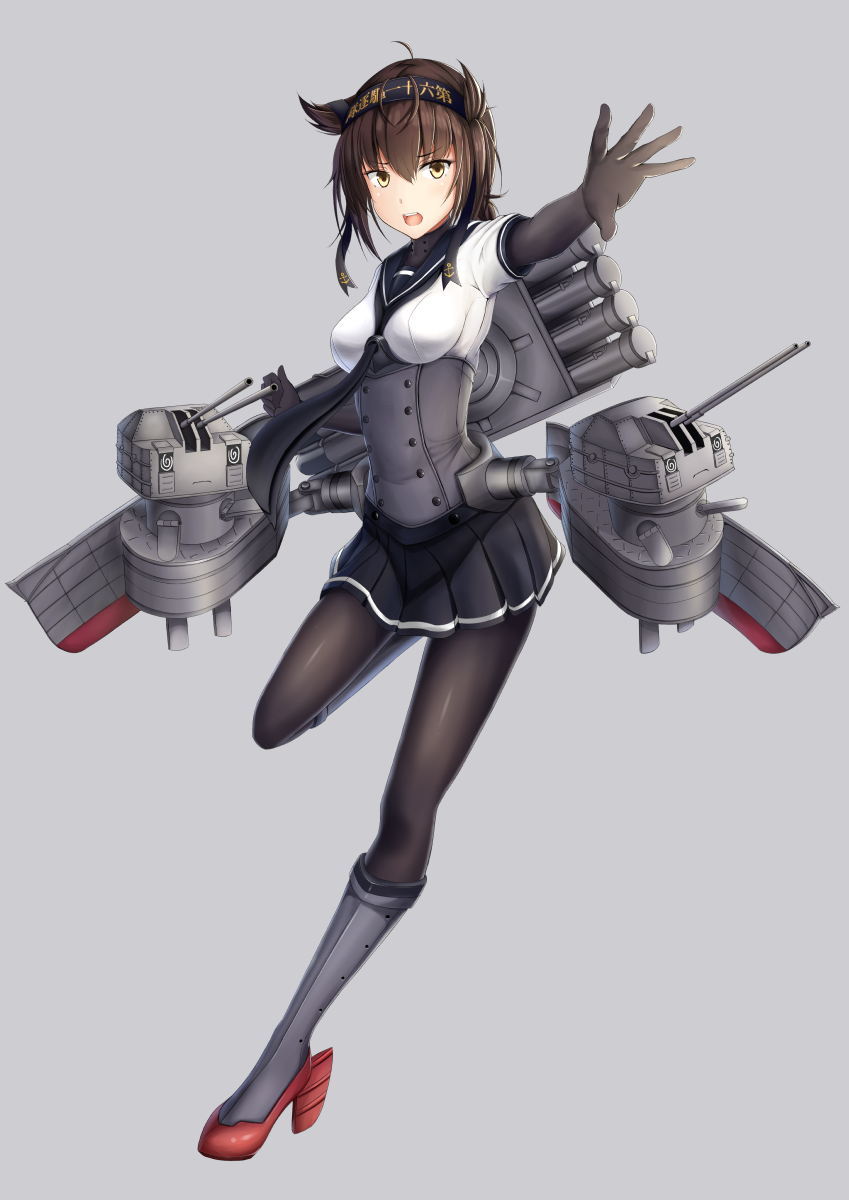 1girl ahoge anchor_symbol black_bodysuit black_hairband black_neckerchief black_skirt blush bodysuit boots breasts brown_hair cannon chou-10cm-hou-chan chou-10cm-hou-chan_(akizuki&#039;s) chou-10cm-hou-chan_(hatsuzuki&#039;s) corset female_focus full_body gloves grey_background hachimaki hair_between_eyes hair_flaps hairband hands_up hatsuzuki_(kancolle) headband highres kantai_collection knee_boots leg_up long_hair looking_at_viewer machinery neckerchief nekkusu_(nex_06) open_mouth outstretched_arm pleated_skirt rigging rudder_footwear sailor_collar school_uniform serafuku ship_turret short_hair short_sleeves sidelocks simple_background skirt solo teeth torpedo_launcher upper_teeth_only yellow_eyes
