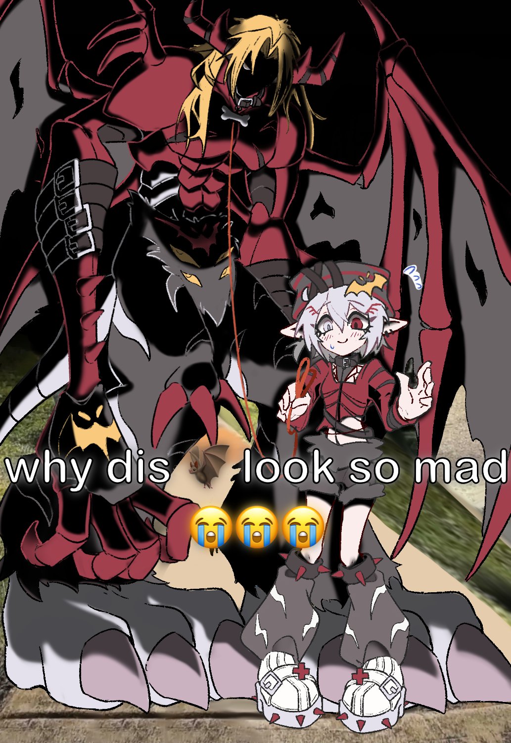 1boy 1girl blonde_hair digimon highres horns mask meme pointy_ears venomvamdemon wings